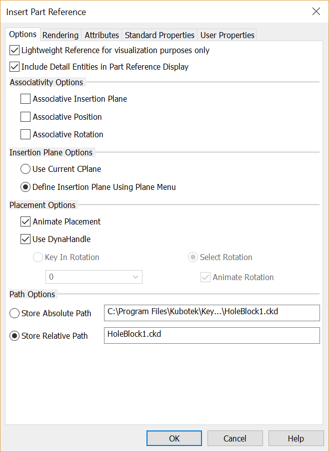 KeyCreator Prime Insert Part Reference Options Tab