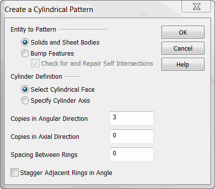 KeyCreator Solid Pattern Cylindrical options