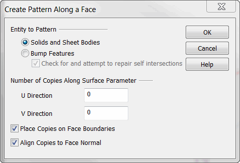 KeyCreator Prime Solid Feature Pattern Face dialog