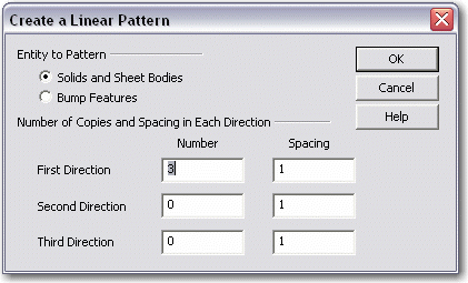 KeyCreator Prime Solid Feature Pattern Linear dialog