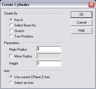 KeyCreator Prime Solid Primitive Cylinder options