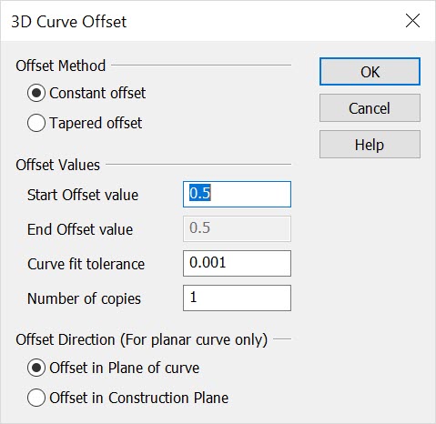 KeyCreator Prime Advanced Spline 3D Curve Offset Dialog