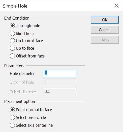 KeyCreator Prime Solid Feature Hole Dialog