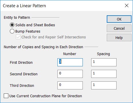 KeyCreator Pro Create Solid Feature Linear Pattern dialog