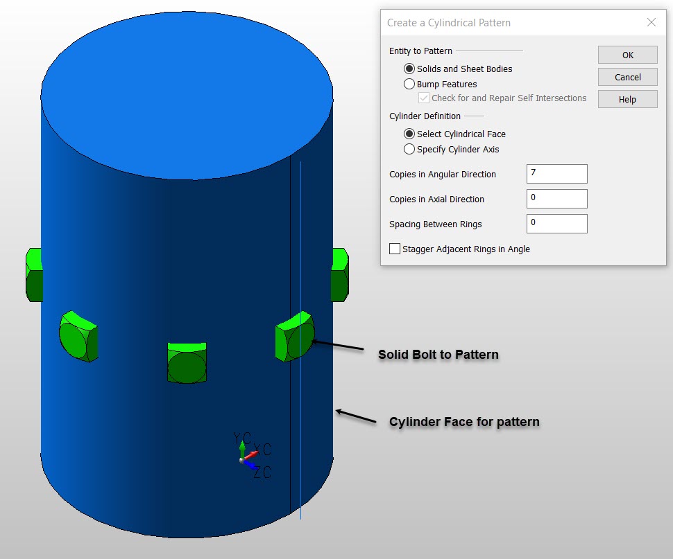 KeyCreator Pro Create Solid Feature Cylinder Pattern example