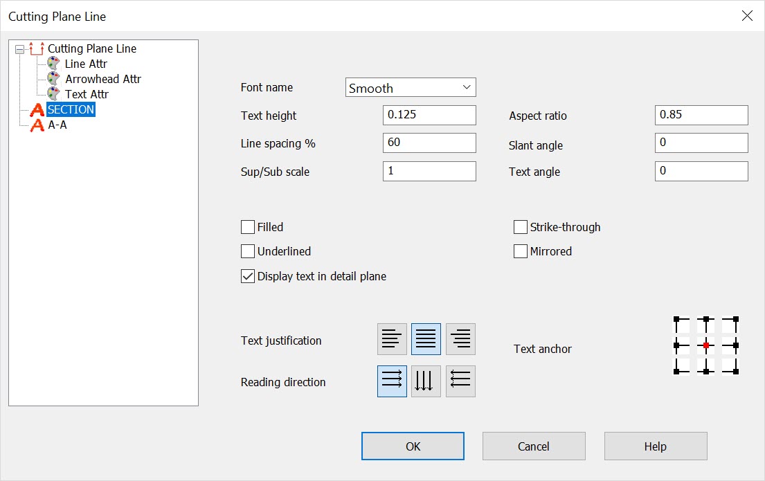 KeyCreator Drafting Detail Cutting Plane Line Format Options