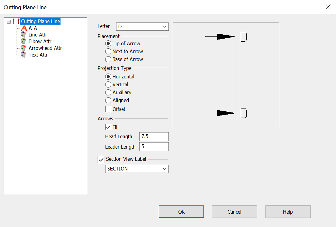 KeyCreator Drafting Detail Line Cutting Plane Dialog Options