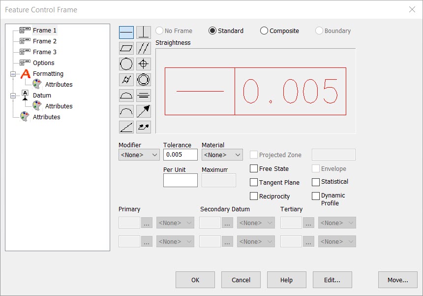 KeyCreator Drafting Detail symbol feature Control Frame dialog
