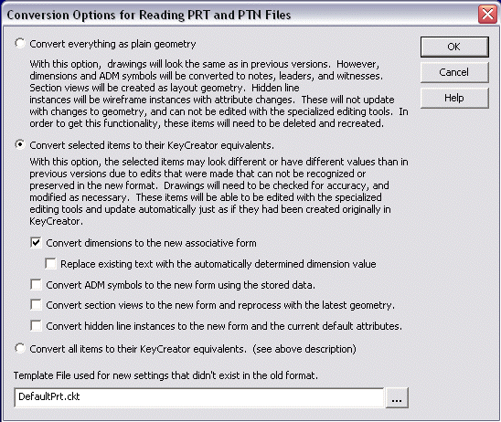 KeyCreator Drafting File Import PRT options