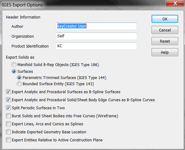 KeyCreator Prime Export IGES options
