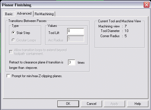 KeyCreator Tools Machinist Planar Finish dialog