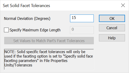 KeyCreator Tools Maintenance Set Solid Facet Tolerance Options