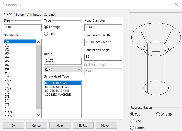 KeyCreator Drafting Mechanical Counter Sunk Hole options