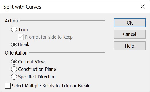 KeyCreator Pro Modify Split Solid to Curve dialog