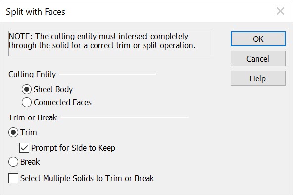 KeyCreator Pro Modify Split Solid to Face Dialog