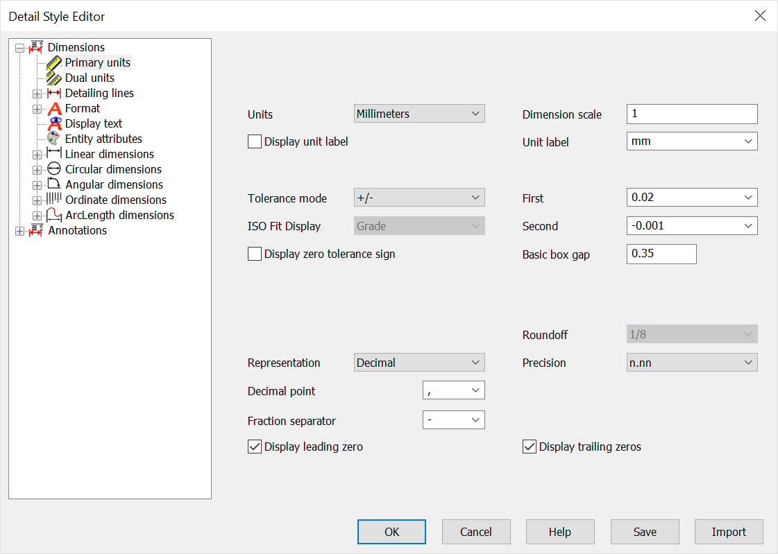 Style Editor Primary Units Options