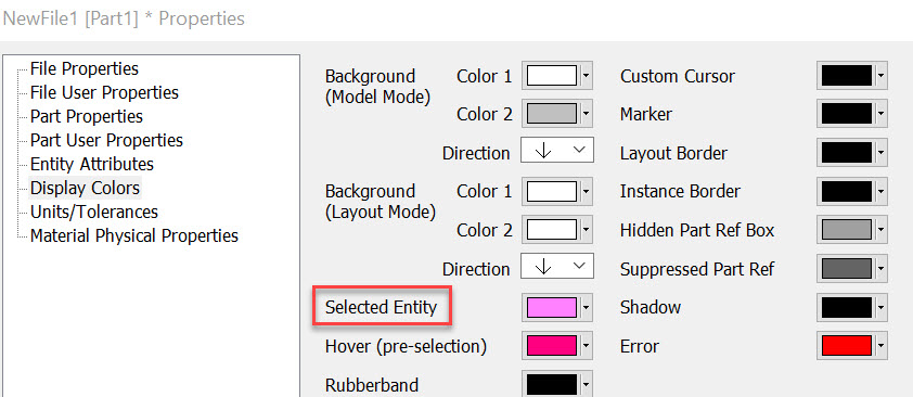 KeyCreator Drafting General Selection Color options