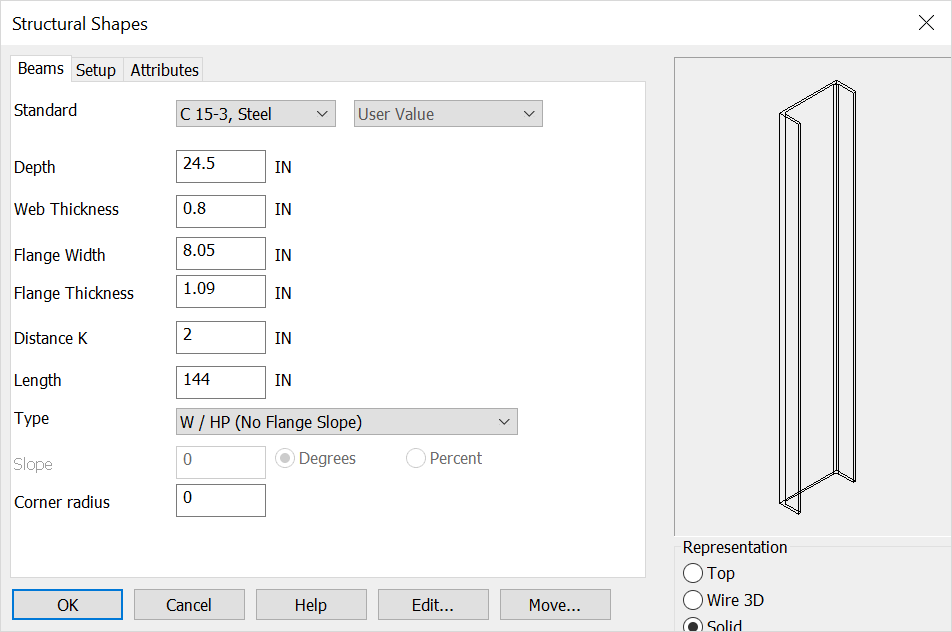 KeyCreator Tools Structural Shapes Channel Options