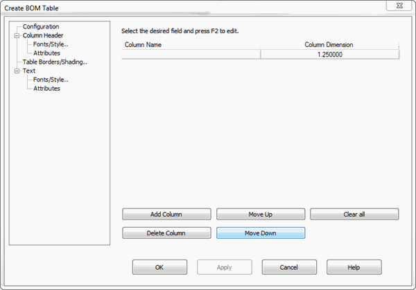 KeyCreator Prime BOm Table Header options