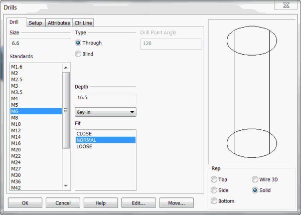 KeyCreator Prime Solid Feature Drilled Hole dialog