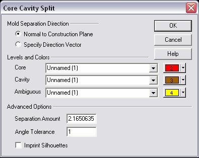 KeyCreator Tools Core Cavity Split dialog