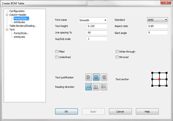 KeyCreator Prime Detail BOM Table Fonts