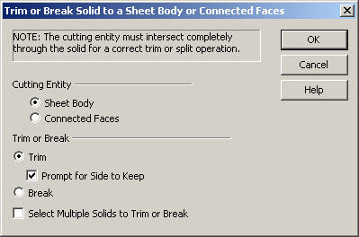 KeyCreator Prime Solid Split by Sheet dialog